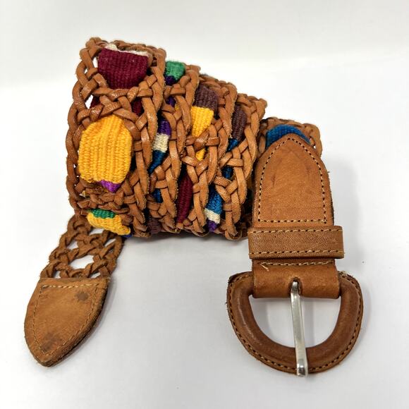 Guatemalan Woven Braided Leather Textile Multi Color Belt Vtg Rare Size 40 - Picture 1 of 7